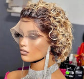 6 Inch Pixie Cut 13x2 Front Lace Ombre Blonde Cury Wavy Human Hair Wig